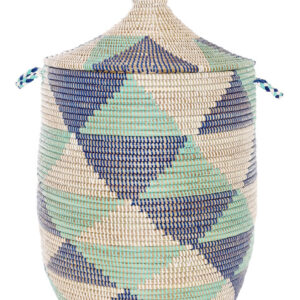 Large Blue and White Triangles Lidded Hamper Basket